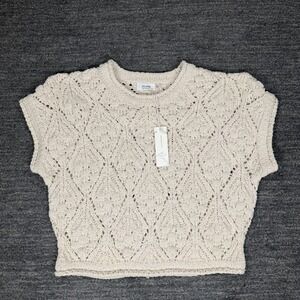 Blu Ivy Open Knit Short Sleeve Sweater Top Women Large Beige Crochet Roll Neck